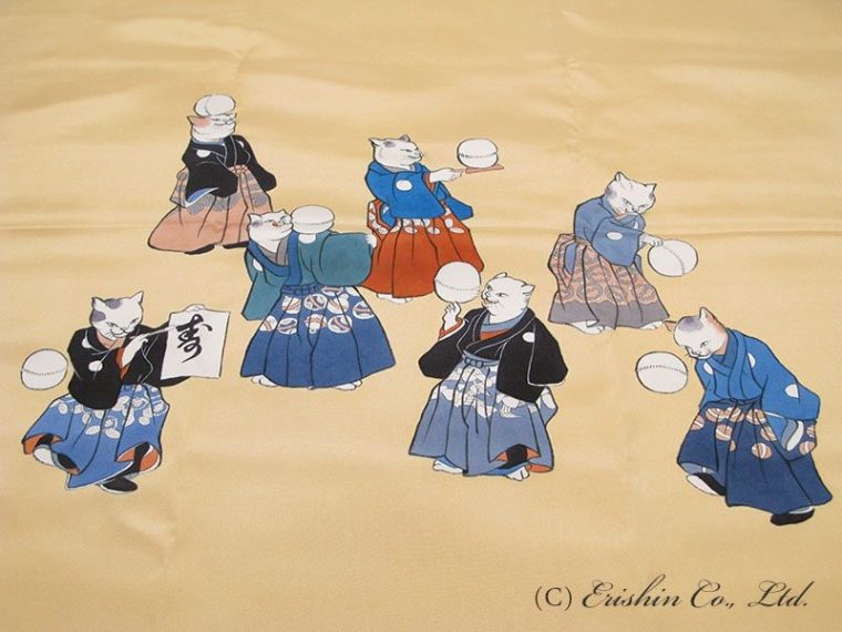 猫の曲芸師達は、羽裏用に配置を変えて。デザインの関係上、踊り場のような階段は省きました。
 猫達、とくとご覧あれ。楽しそう。