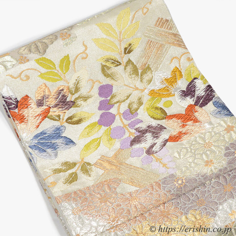 袋帯（菊桐藤花文/プラチナ箔・手織り）