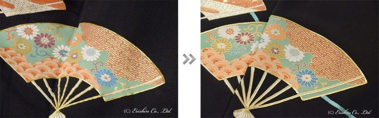 こちらは、元の箔の状態が良いので、ヨレが出ている金駒刺繍を直しました。