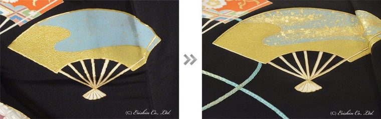 扇の輪郭に施されている金駒刺繍のヨレを直し、扇面に本金の切り箔や砂子で、より豪華に仕上げました。