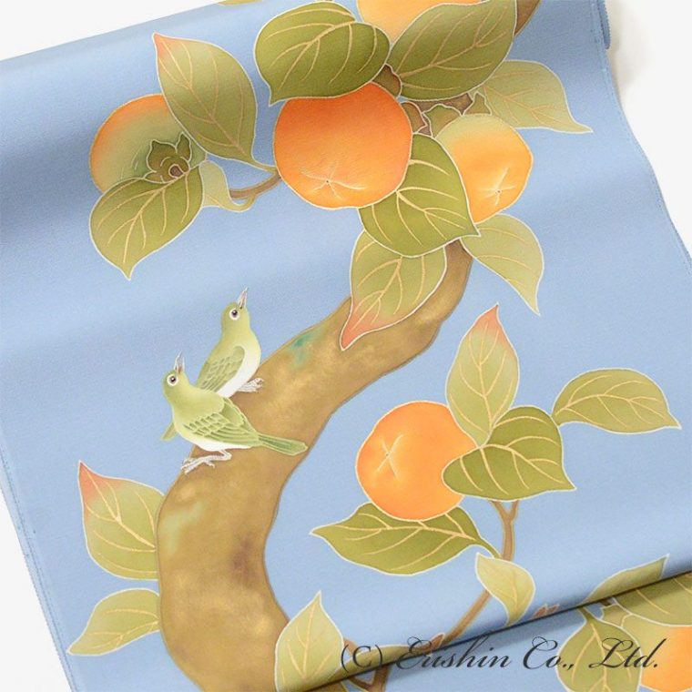 染名古屋帯（柿に目白）