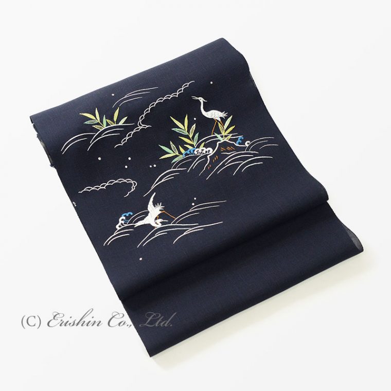 【夏・単衣】オリジナル刺繍名古屋帯（岸辺の白鷺）