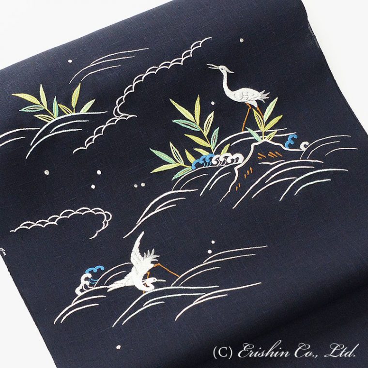 【夏・単衣】オリジナル刺繍名古屋帯（岸辺の白鷺）