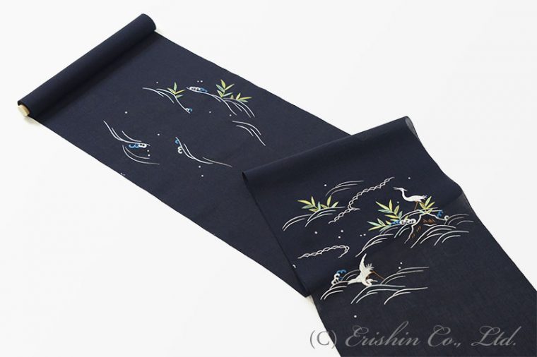 【夏・単衣】オリジナル刺繍名古屋帯（岸辺の白鷺）