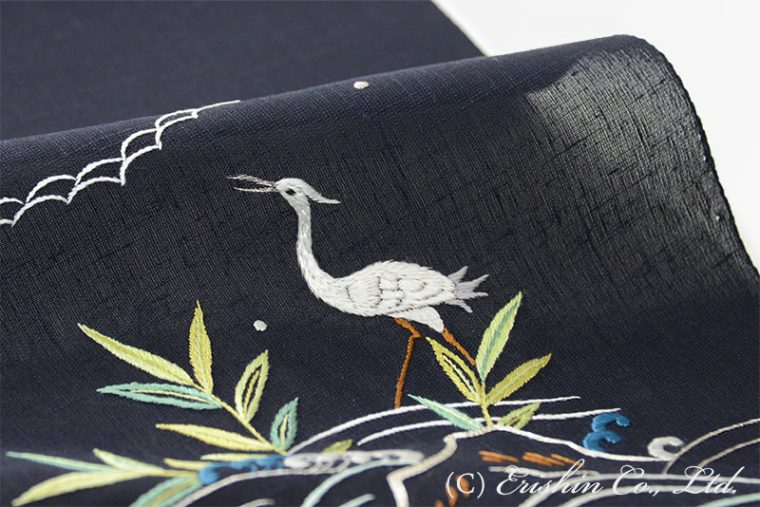 【夏・単衣】オリジナル刺繍名古屋帯（岸辺の白鷺）