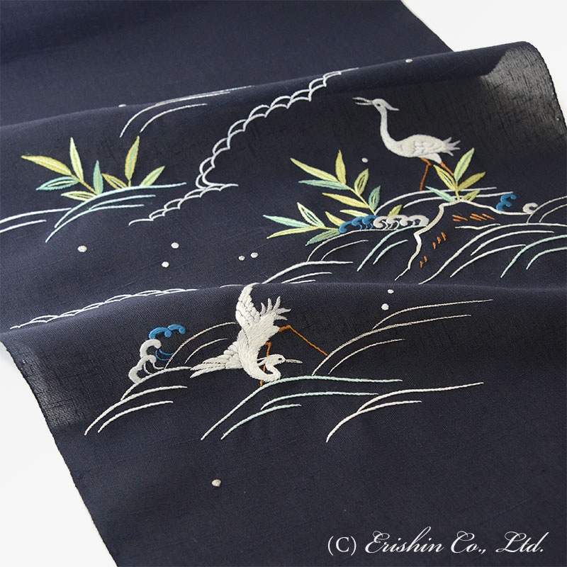 【夏・単衣】オリジナル刺繍名古屋帯（岸辺の白鷺）