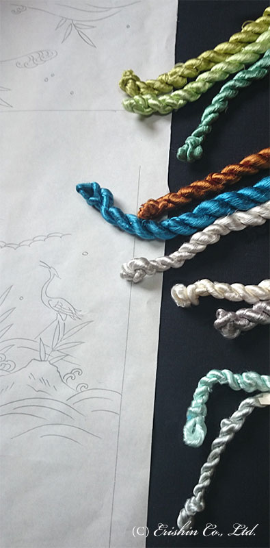 オリジナル刺繍名古屋帯（岸辺の白鷺）の刺繍糸