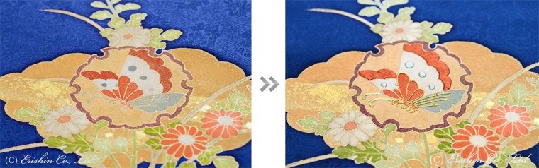 上前の胸部分の蝶は、地色の友禅よりも少し渋めの色糸で刺繍を施し、立体感と豪華さを。