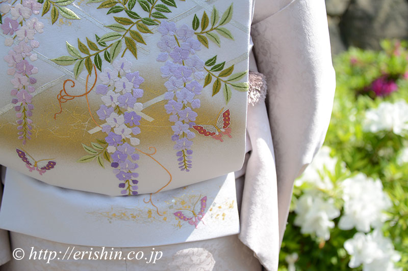お誂え例・オリジナル刺繍袋帯（藤棚に蝶） 『着物・呉服えり新』