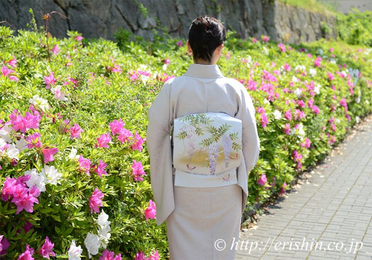 えり新-刺繍袋帯（藤棚に蝶）と色無地