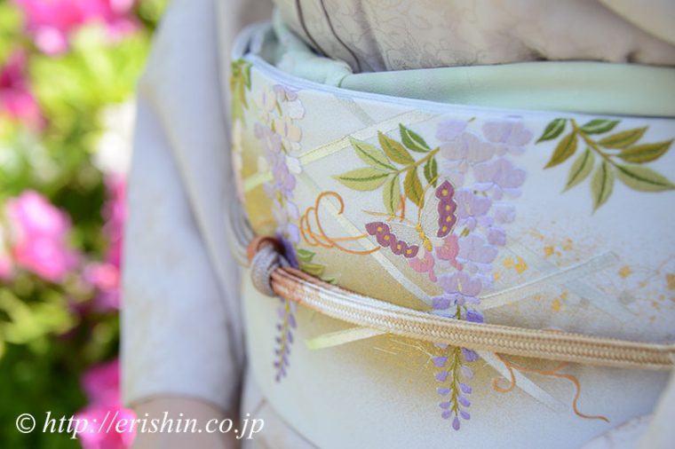 えり新-刺繍袋帯（藤棚に蝶）前腹