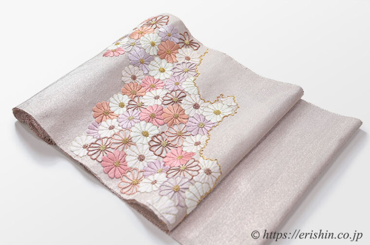 夢訪庵　九寸織名古屋帯（撚金箔/菊詰・刺繍）