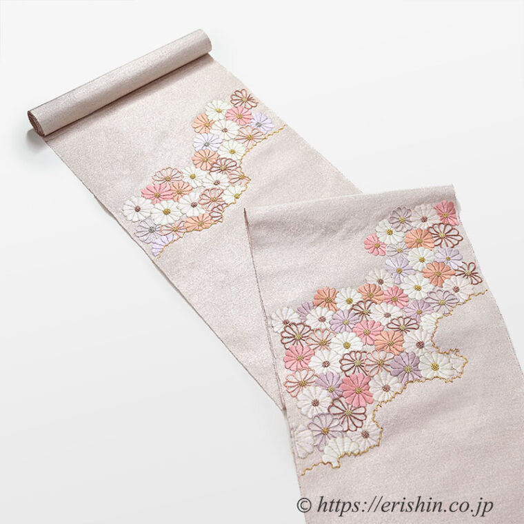 夢訪庵　九寸織名古屋帯（撚金箔/菊詰・刺繍）