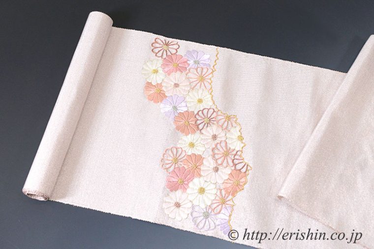 夢訪庵　九寸織名古屋帯（撚金箔/菊詰・刺繍）