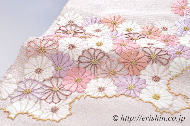 夢訪庵　九寸織名古屋帯（撚金箔/菊詰・刺繍）