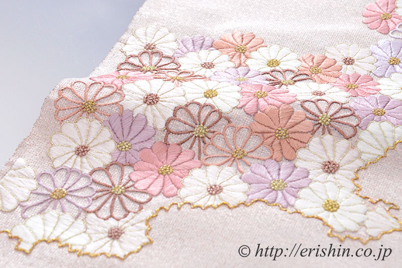 夢訪庵 九寸織名古屋帯(撚金箔/菊詰・刺繍)