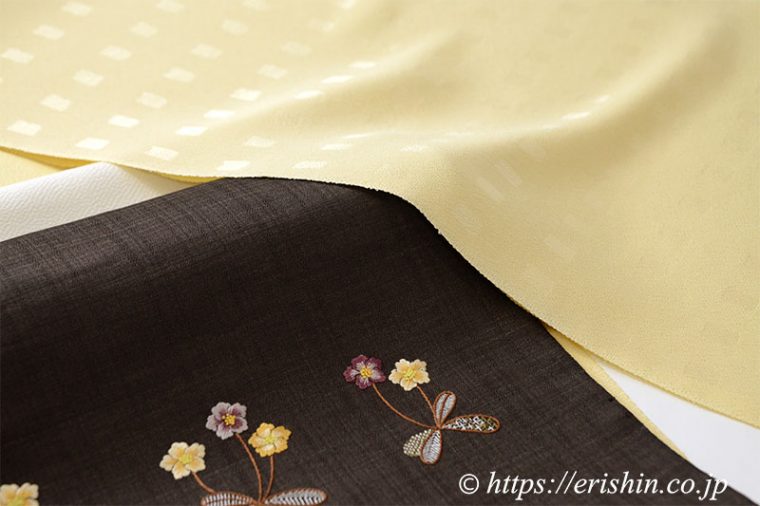 洒落無地(格子/浅黄)に手刺繍名古屋帯（更紗小花）