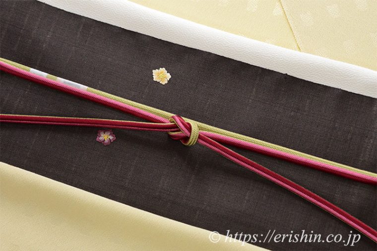 洒落無地(格子/浅黄)に手刺繍名古屋帯（更紗小花）