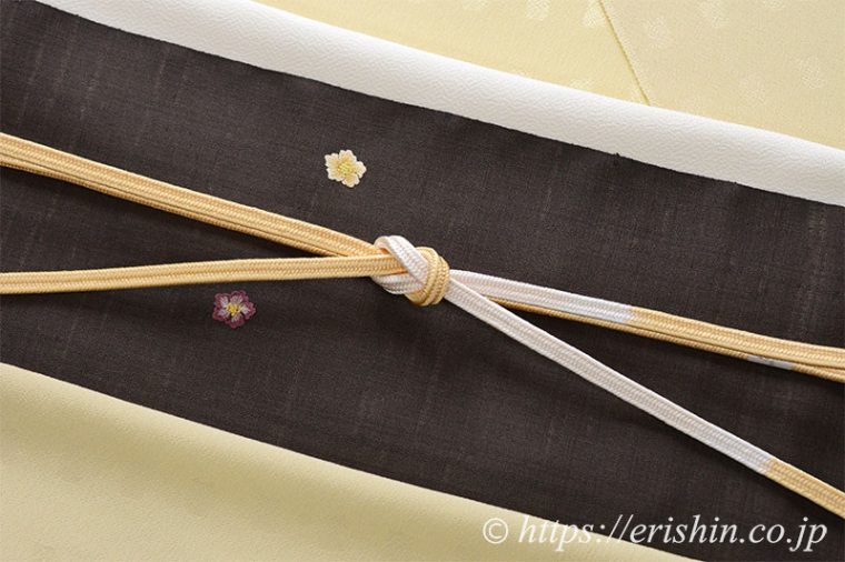 洒落無地(格子/浅黄)に手刺繍名古屋帯（更紗小花）