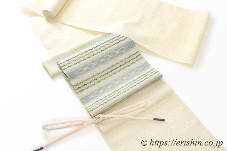 小千谷縮（小絣/生成色）に新垣幸子 織名古屋帯（花織絣入りクワンカキー）