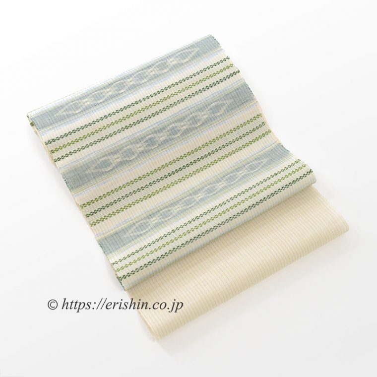 九寸織名古屋帯　新垣幸子・作（花織絣入りクワンカキー/八重山上布）