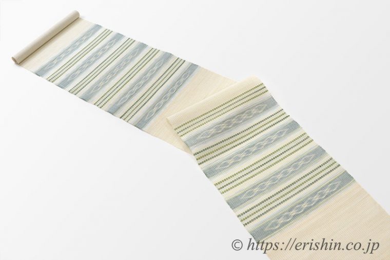 九寸織名古屋帯　新垣幸子・作（花織絣入りクワンカキー/八重山上布）