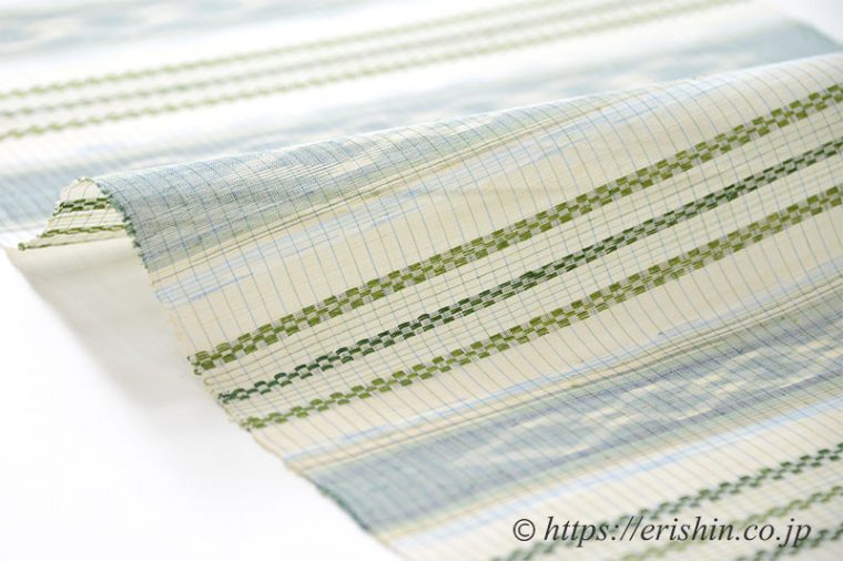 九寸織名古屋帯　新垣幸子・作（花織絣入りクワンカキー/八重山上布）