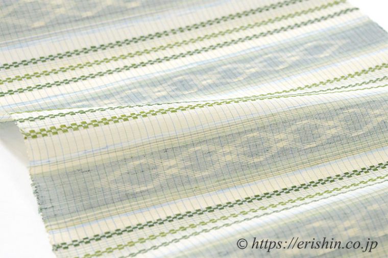 九寸織名古屋帯　新垣幸子・作（花織絣入りクワンカキー/八重山上布）