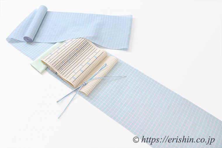 小千谷縮（チェック/空色）に九寸織名古屋帯（彩り格子）