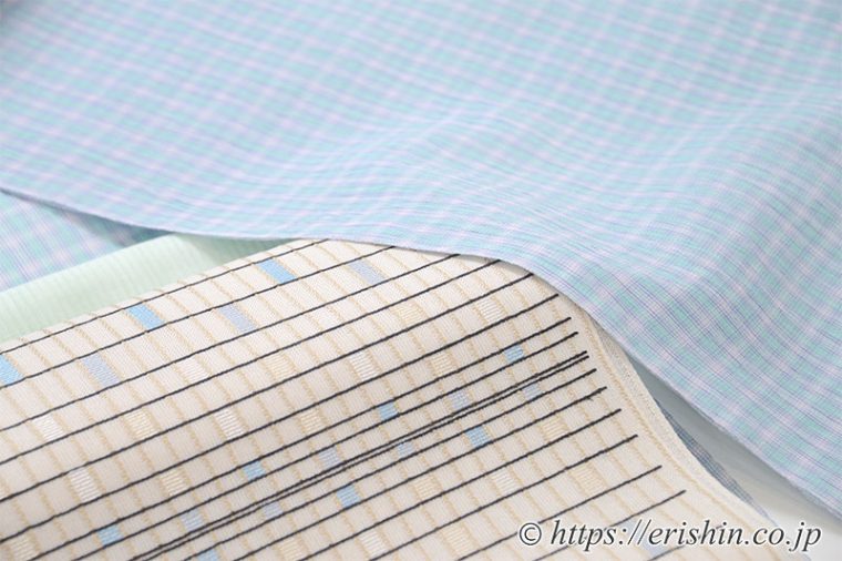 小千谷縮（チェック/空色）に九寸織名古屋帯（彩り格子）