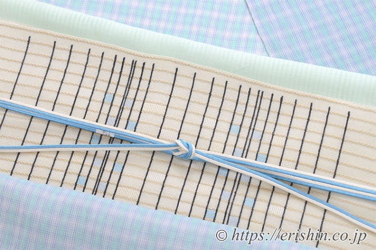 小千谷縮（チェック/空色）に九寸織名古屋帯（彩り格子）