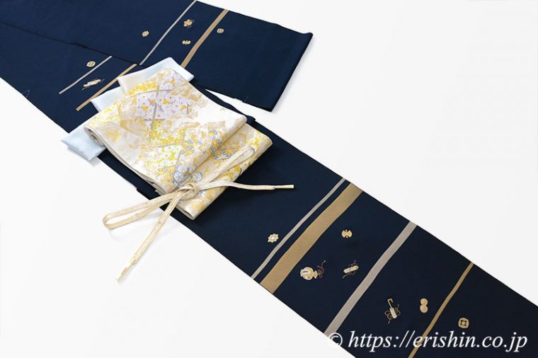 付下訪問着「金彩横段に宝尽くし」に袋帯（摺箔春秋文） 功雅織