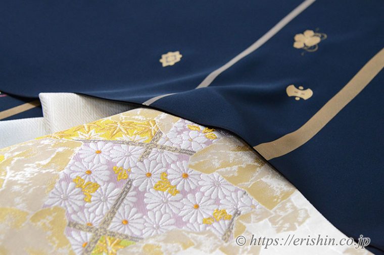 付下訪問着「金彩横段に宝尽くし」に袋帯（摺箔春秋文） 功雅織