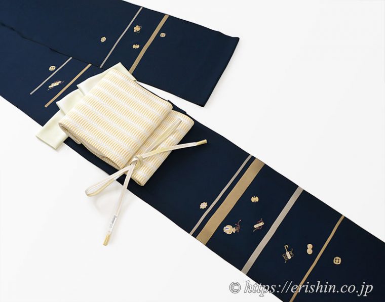 付下訪問着「金彩横段に宝尽くし」に北村武資氏の「魚々子縞