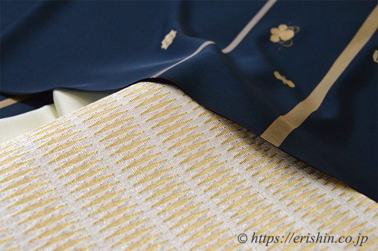 付下訪問着「金彩横段に宝尽くし」に北村武資氏の「魚々子縞