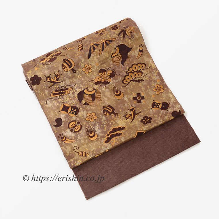 九寸織名古屋帯（宝尽くし文・焦茶）/滋賀喜