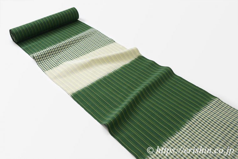 芝崎圭一　座繰紬（緯段格子/千歳緑）