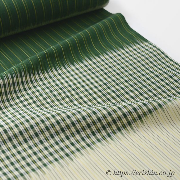 芝崎圭一　座繰紬（緯段格子/千歳緑）