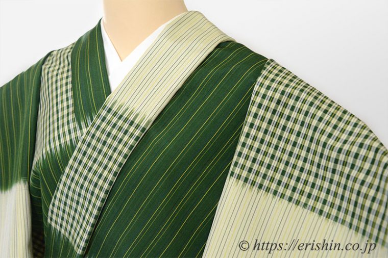 芝崎圭一　座繰紬（緯段格子/千歳緑）