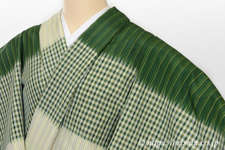 芝崎圭一　座繰紬（緯段格子/千歳緑）