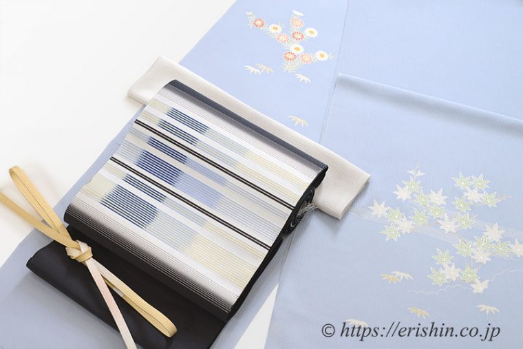 付下訪問着（春秋草花文/楊柳地）[単衣用]に爪掻本綴八寸名古屋帯（能装よろい文/藍鉄色）