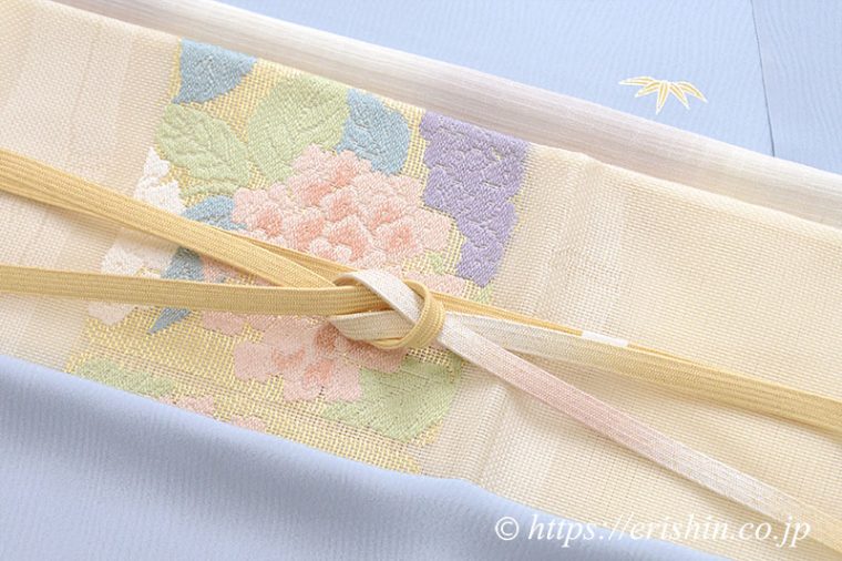 付下訪問着（春秋草花文/楊柳地）[単衣用]に紗袋帯（竹林市松花文）