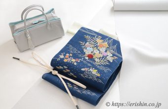 長井お召（白鼠色）[単衣用]に染名古屋帯（御所解き/青藍）和小物さくらバッグ