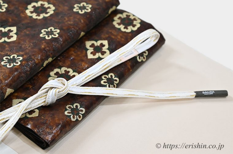 着物と帯、帯締め帯揚げのコーディネート・截金文様の付下訪問着に正倉院琵琶写しの袋帯で　