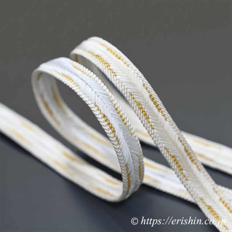 帯締め　綾竹大和木ノ葉通し（白×金入り）