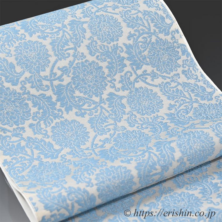 勝山健史　九寸織名古屋帯（一重蔓菊牡丹唐草）塩繭/塩蔵繭