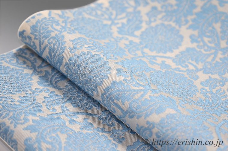 勝山健史　九寸織名古屋帯（一重蔓菊牡丹唐草）塩繭/塩蔵繭