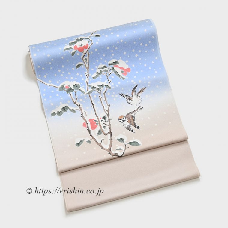 着物・呉服えり新オリジナル染名古屋帯（寒中椿に雀）