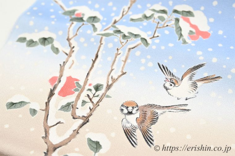 着物・呉服えり新オリジナル染名古屋帯（寒中椿に雀）