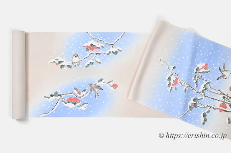 着物・呉服えり新オリジナル染名古屋帯（寒中椿に雀）